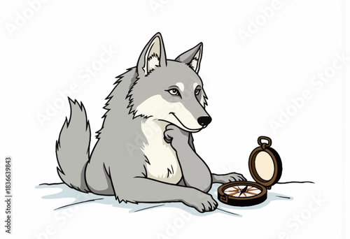 Illustration of a Contemplative Wolf Gazing at an Old-Fashioned Compass on a Snowy Background, Capturing the Essence of Adventure and Exploration in Nature