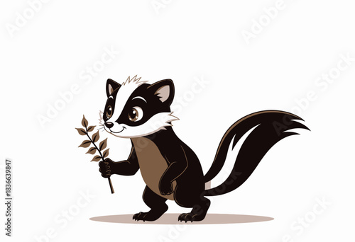 Cute cartoon skunk holding a small green branch with leaves, looking cheerful and friendly on a simple white background