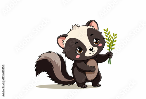 Adorable Cartoon Skunk Holding Green Plant Standing with Cheerful Expression on a White Background for Nature Illustration