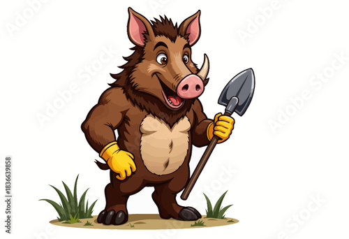 Illustration of a cheerful cartoon boar standing upright on grassy ground, holding a spade, wearing yellow gloves, showcasing its anthropomorphic qualities.