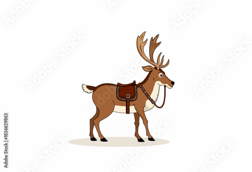 Illustration of a Standing Reindeer Decorated with a Saddle and Harness Enthusiastically Poised on a Simple Background Showcasing Its Majestic Antlers