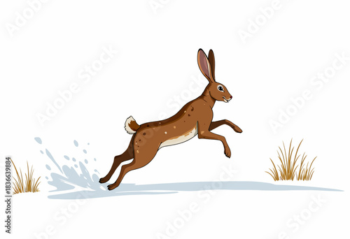 Illustration of a Fast Running Hare Leaping Across a Snowy Landscape with Sparse Grass on a Clear Winter Day
