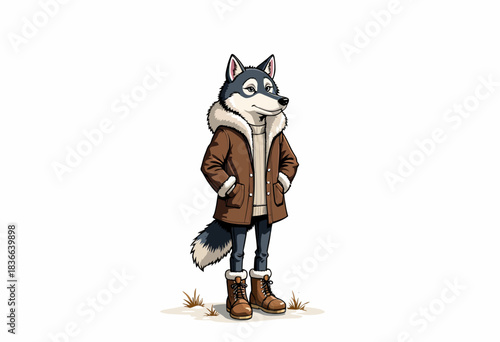 Stylish Cartoon Wolf Character in Cozy Winter Outfit with Brown Jacket and Warm Boots Against a Simple Background
