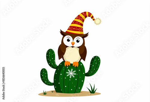 Adorable Cartoon Owl in Festive Hat Perched on Decorated Cactus with Snowflake in Desert Scene Illustration