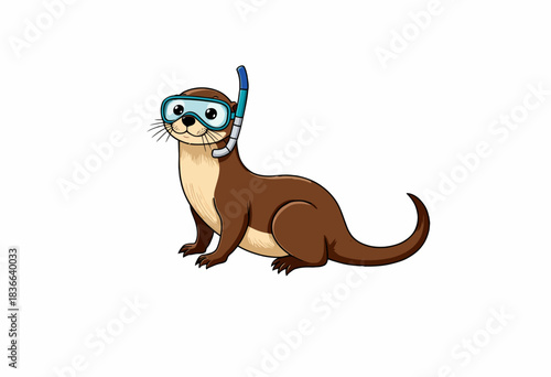 Illustration of a playful cartoon otter equipped with snorkeling gear, poised in a cheerful stance on a white background, conveying adventure and aquatic exploration
