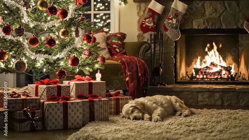 A dog peacefully sleeps in front of a beautifully decorated Christmas tree, surrounded by wrapped presents, perfectly capturing the heartwarming concept of joyful holiday moments with loved ones.