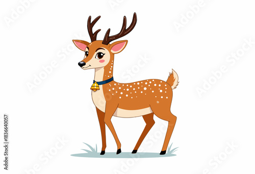 Illustration of a cheerful cartoon deer with antlers and a bell collar standing on grass with a white background, showcasing natural charm and playful innocence