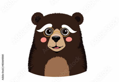 Charming Cartoon Bear with Glasses and Expressive Eyes on a White Background Illustrating a Playful and Friendly Character Design