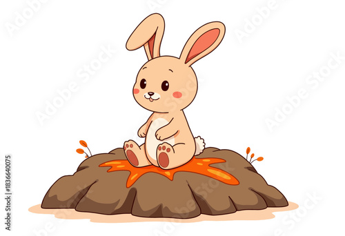 Adorable Cartoon Bunny Sitting on a Rock with Orange Splashes in a Whimsical Design Featuring Subtle Pastel Colors and Soft Rounded Edges