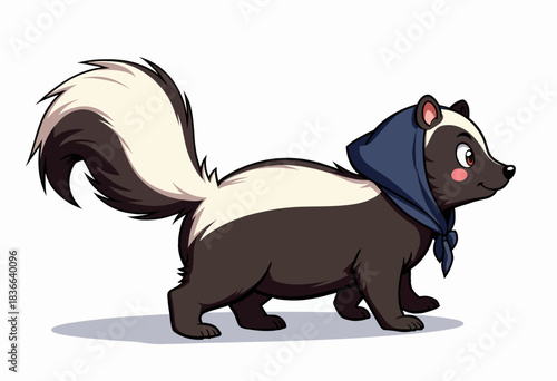 Illustrative depiction of an adorable skunk wearing a blue scarf, showcasing its fluffy tail and distinctive black and white fur pattern
