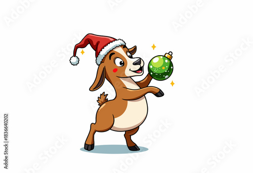 Festive Cartoon Reindeer Wearing Santa Hat Holding a Christmas Ornament with Sparkling Joy in a Cheerful Holiday Illustration