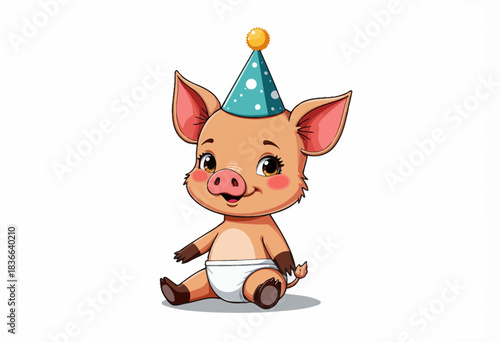 Adorable Cartoon Piglet in Diaper and Party Hat Ready to Celebrate in Cheerful Illustrated Scene with Cute Expressions and Playful Attire