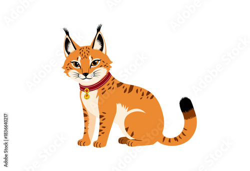 Illustration of a Cute Bobcat with Distinctive Ear Tufts and Striking Eyes Sitting Calmly on a White Background with a Decorative Collar