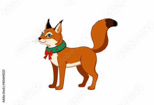 Illustrated fox wearing a festive red and green holiday collar, featuring expressive blue eyes and a bushy tail, exuding charm and joyful cheer