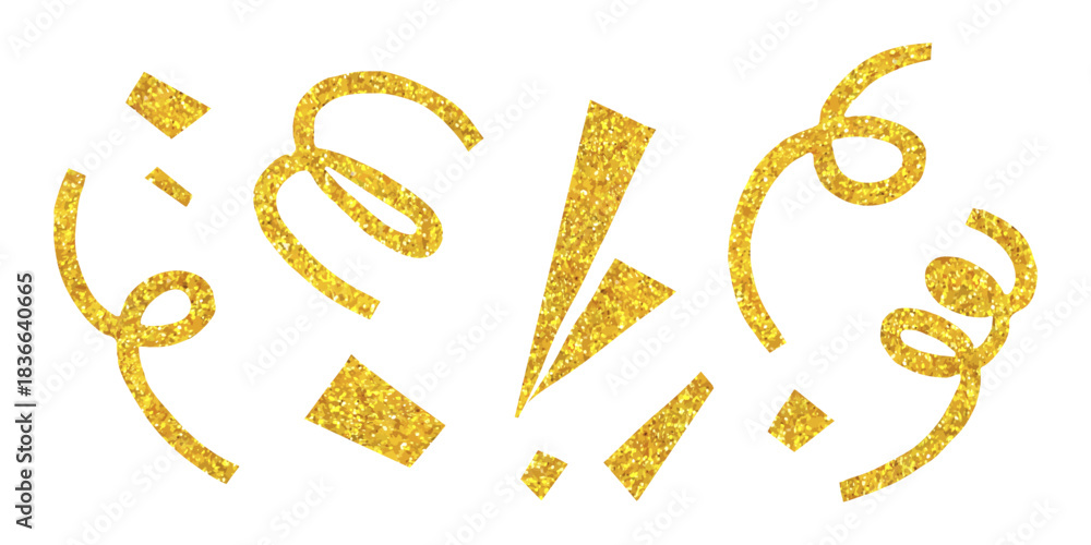 Obraz premium Gold glitter confetti paper cut outs set. Golden sparkling clip art, doodle stickers for party collage and scrapbook. Modern retro vector illustration for mixed media design