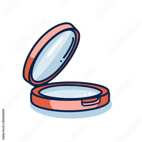 Flat Vector Art Representation of an Open Coral Pink Compact Powder Case with a Mirrored Lid and White Powder Inside Isolated on a Black Background
