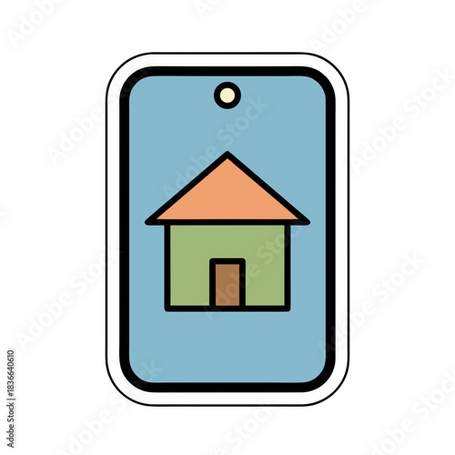 Flat vector art sticker of a light blue smartphone displaying a green house with an orange roof symbolizing home or real estate services against a black background, clean minimalist design