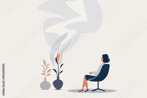 Relaxed businesswoman sitting in chair watching burning candle and smoke in vases, modern flat vector illustration of therapy, stress relief, mindfulness and mental health care on light background.