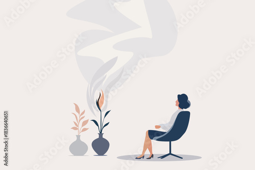 Relaxed businesswoman sitting in chair watching burning candle and smoke in vases, modern flat vector illustration of therapy, stress relief, mindfulness and mental health care on light background.