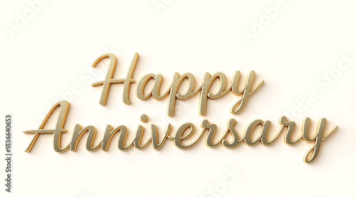 Golden happy anniversary text 3d rendering on bright surface background