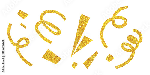 Gold glitter confetti paper cut outs set. Golden sparkling clip art, doodle stickers for party collage and scrapbook. Modern retro vector illustration for mixed media design
