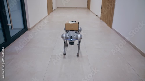 Futuristic automated quadrupedal robot dog carrying a package for delivery walking along an empty office hallway