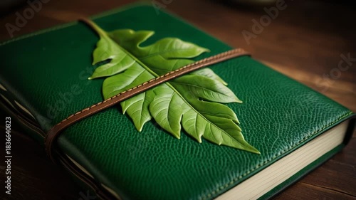 Video A small green book with a leaf attached to its cover