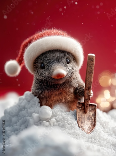 Weihnachtlicher Maulwurf mit Schaufel im Schnee
