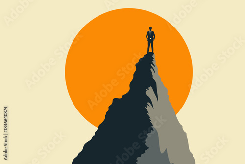 Businessman standing on mountain peak in front of big orange sun, modern flat vector illustration symbolizing leadership, ambition, success, career growth and achieving goals in business.