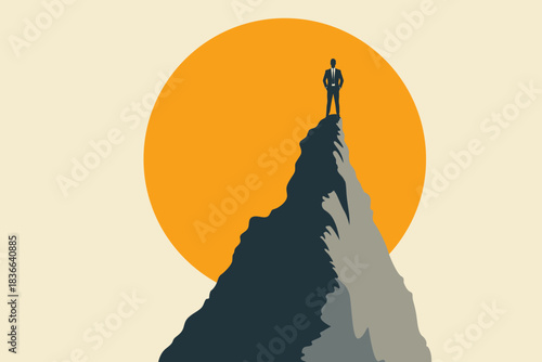 Businessman standing on mountain peak in front of big orange sun, modern flat vector illustration symbolizing leadership, ambition, success, career growth and achieving goals in business.