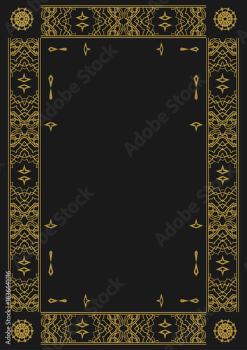 Vintage frame with elegant gold ornament. Black background, A4 size. Vector illustration