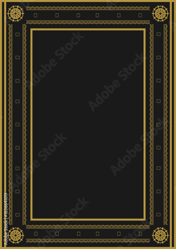 A gold vintage frame with an Art Deco ornament on a black background. A4 size. Vector illustration