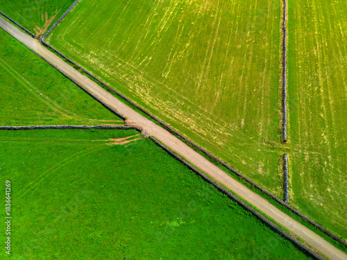 Terceira Island in Azores, aerial view of grass fields 