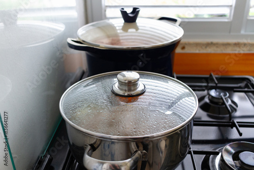 Fotografie Two covered pots simmer on a gas stove in a cozy home kitchen, front stainless steel pan covered with steam under a glass lid, with a large dark stockpot slowly cooking beside a bright window