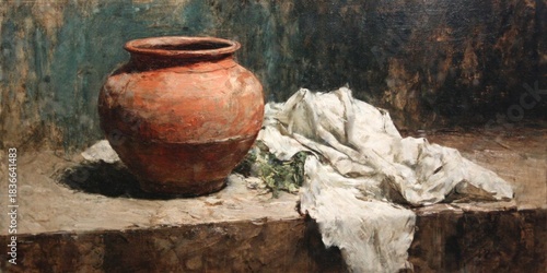 Wallpaper Mural Rustic Still Life With Terracotta Pot and White Cloth Draped on Wooden Surface in a Quiet Room Setting Torontodigital.ca