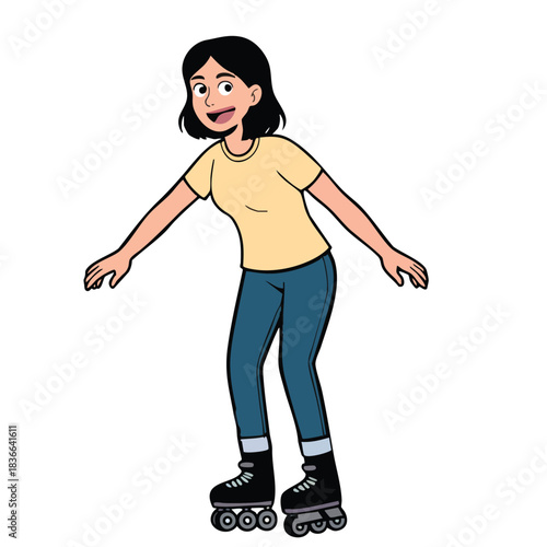 Illustration of cartoon illustration of a young woman roller skating with a happy expression