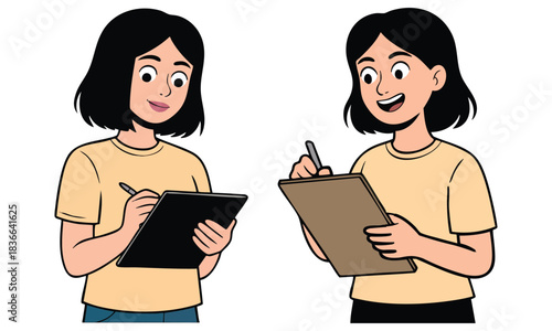 Illustration of two young women with short black hair holding clipboards and pens