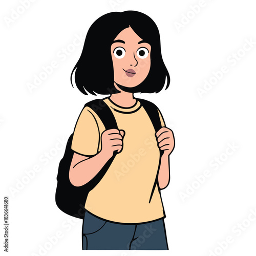 Illustration of cartoon illustration of a young female student with short black hair wearing a backpack