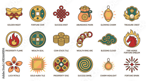 Lucky symbols of Chinese culture for wealth and success, including fortune coins, golden ingots, prosperity flame, abundance mark, treasure crest, and more