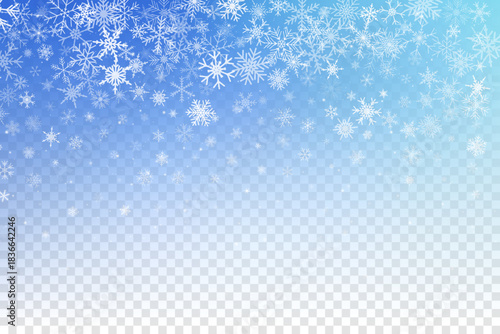 Winter sky with pattern of falling snowflakes on transparent texture. Blue frozen background with white icy crystals and flecks for Christmas design. Vector illustration