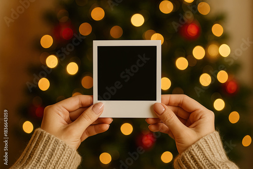 Hands holding a blank photo in front of a decorated Christmas tree with lights
