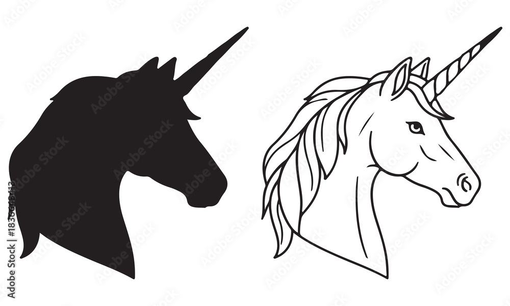 Fototapeta premium Unicorn Head Silhouette and Outline Version Side By Side horse mythical
