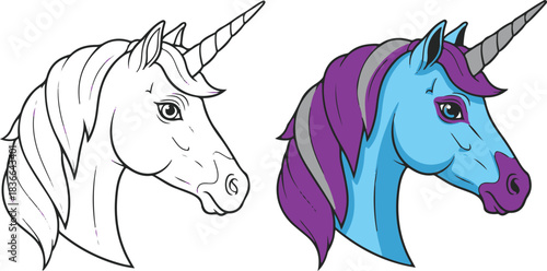 Unicorn Head Outline and Colorful Version Side By Side horse mythical