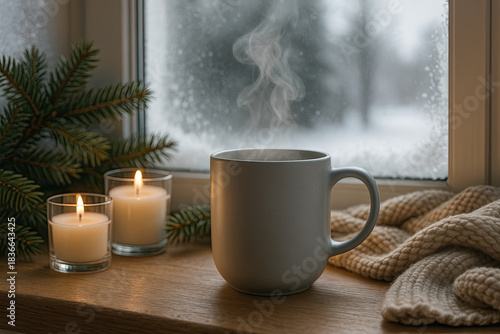 Enjoying a warm cup of coffee while cozying up by the snowy window in winter