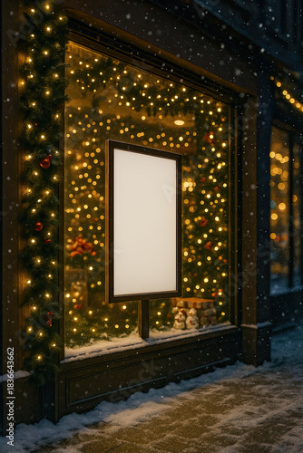 Winter evening scene with festive lights outside a shop window in a cozy neighborhood