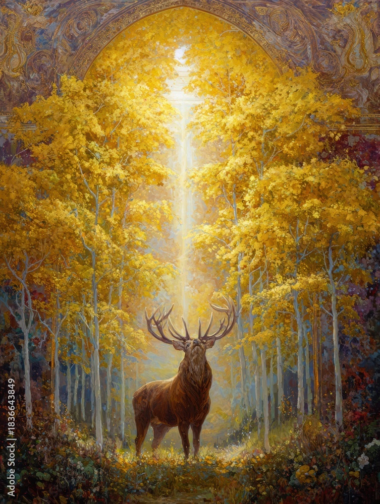 Fototapeta premium Stag With Branching Antlers Stands in Golden Forest Light, Symbolizing Rebirth and the Cycle of Life