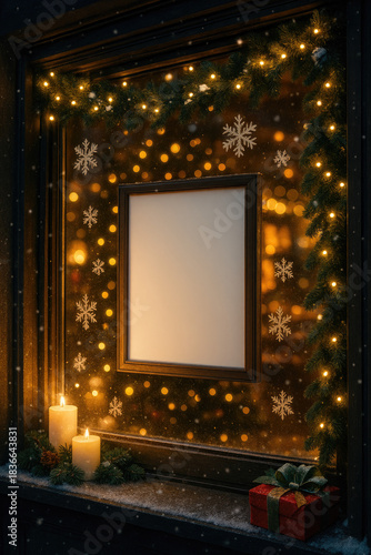 Winter window decorated with lights, snowflakes, and candles during holiday season