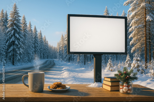 Winter roadside stop with blank billboard, cozy snacks, and peaceful scenery in snowy forest