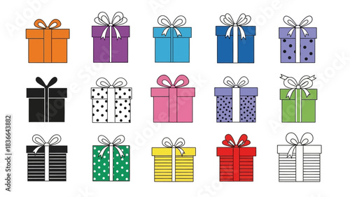 Assortment Of Colorful Gift Boxes With Ribbons On White Background present christmas