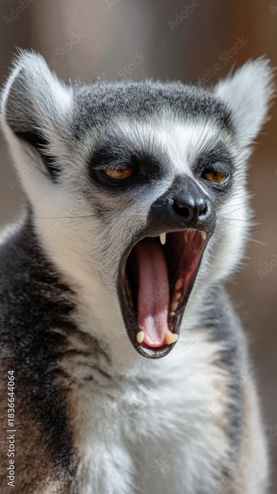 Fototapeta premium Close up of a ring tailed sleepy lemur yawns with mouth wide open. Wild cute funny animal with orange eyes. Wildlife creature. Portrait closeup. Vertical view.